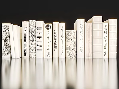 White Decorative Book Set With Black Text Patterns On Glossy Black Background 3d model