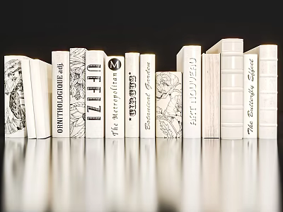 White Decorative Book Set With Black Text Patterns On Glossy Black Background 3d model