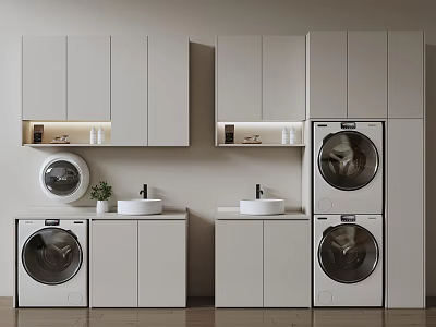 Modern Laundry Room Interior With White Cabinets Washing Machines And Sink 3d model