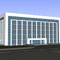 Modern Office Building With Glass Curtain Wall White Exterior And Spacious Plaza Front Greenery