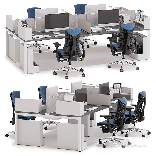 Modern Office Desk Workspace With Ergonomic Chairs And Computer Monitors In Cubicles 3d model