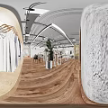Modern Cafe Interior With Wooden Flooring Tables Chairs And Large Potted Plant