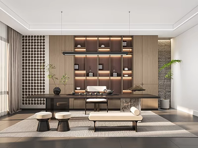 Modern Teahouse Interior With Table Stools Shelves And Lighting 3d model