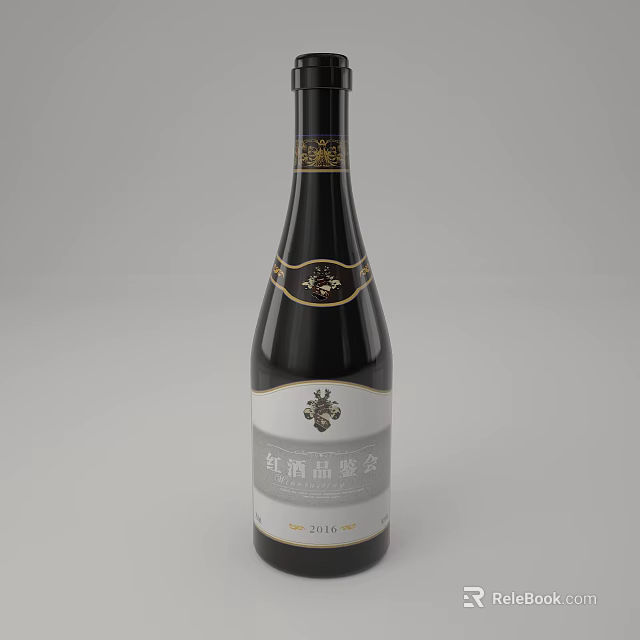 Elegant Wine Bottle And Glass With Golden Decoration Zhuo Pu 2016 Tasting Event Label 3d model 