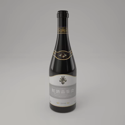 Elegant Wine Bottle And Glass With Golden Decoration Zhuo Pu 2016 Tasting Event Label 3d model