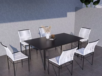 Black Outdoor Table with Six White Chairs Gray Wall Background and Decorative Vase 3d model