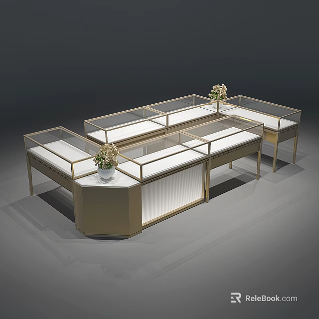 Luxury Store Display Cases With Golden Frame Glass And White Countertop Decorated With Flowers 3d model 