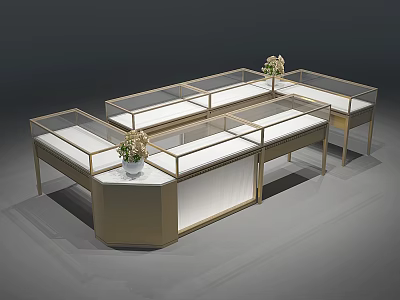 Luxury Store Display Cases With Golden Frame Glass And White Countertop Decorated With Flowers 3d model