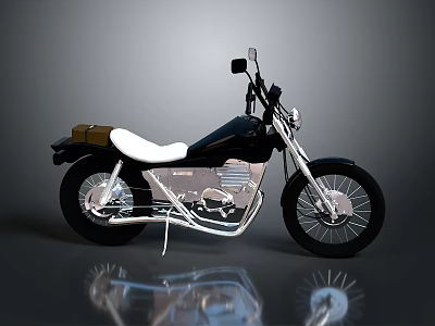 Classic Black and White Motorcycle with White Seat and Silver Frame on Shiny Floor 3d model