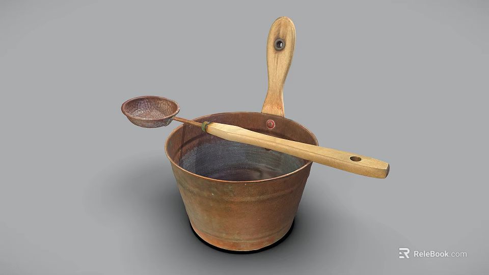 Vintage Copper Bucket With Wooden Handle Strainer And Metal Kitchen Tools 3d model 