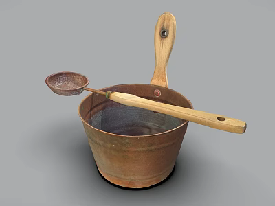 Vintage Copper Bucket With Wooden Handle Strainer And Metal Kitchen Tools 3d model