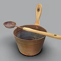 Vintage Copper Bucket With Wooden Handle Strainer And Metal Kitchen Tools