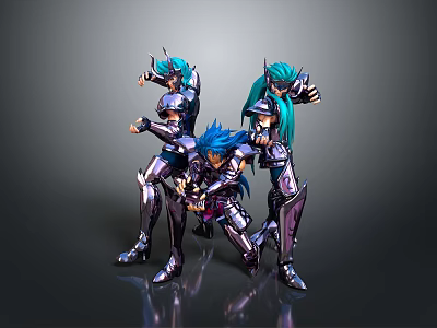 Three Armored Characters With Blue Teal Hair In Dynamic Action Poses 3d model