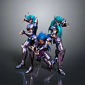 Three Armored Characters With Blue Teal Hair In Dynamic Action Poses