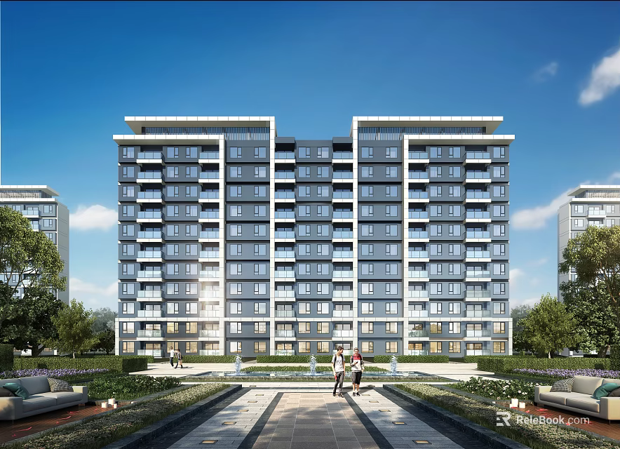 Modern High Rise Residential Building With Gray White Exterior And Green Landscaping 3d model 