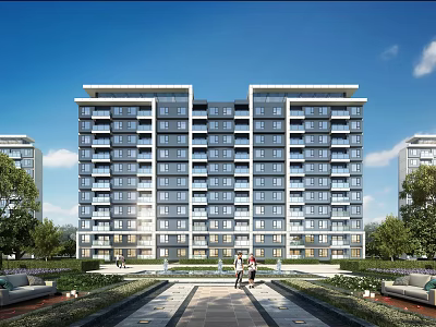 Modern High Rise Residential Building With Gray White Exterior And Green Landscaping 3d model