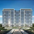 Modern High Rise Residential Building With Gray White Exterior And Green Landscaping