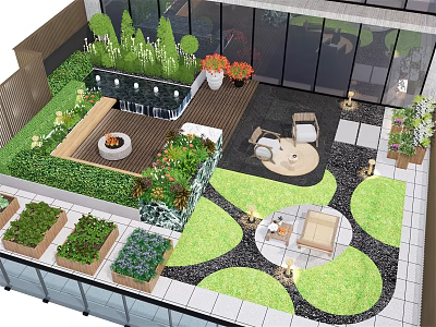 Courtyard Garden Landscape With Lush Green Plants Water Feature Seating Area And Paved Paths 3d model