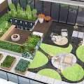 Courtyard Garden Landscape With Lush Green Plants Water Feature Seating Area And Paved Paths