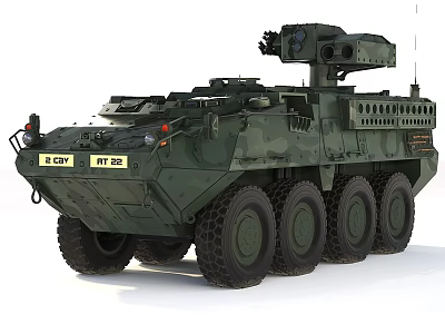 Armored Green Camouflage Wheeled Tank with Top Mounted Weapon System and Eight Wheels 3d model