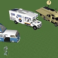 Various Types of Recreational Vehicles with Solar Panels at Grass Camping Site and Camping Gear