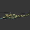 Military Camouflage Helicopter with Large Rotors Green Yellow Camouflage Pattern Weaponry Equipment Dark Background Reflection