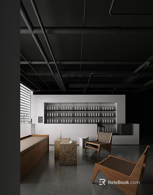 Cozy Modern Leisure Area With Wooden Chairs Small Coffee Table Wall Shelves And Window Blinds 3d model 