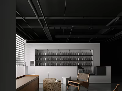 Cozy Modern Leisure Area With Wooden Chairs Small Coffee Table Wall Shelves And Window Blinds 3d model