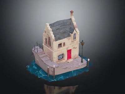 Cartoon Scene with Cute House Red Door Steps Street Lamp and Water Waves 3d model