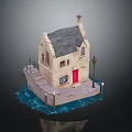 Cartoon Scene with Cute House Red Door Steps Street Lamp and Water Waves