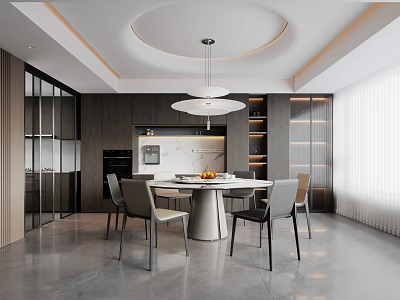 Modern Dining Room Interior With Round Dining Table Chairs And Pendant Lights 3d model