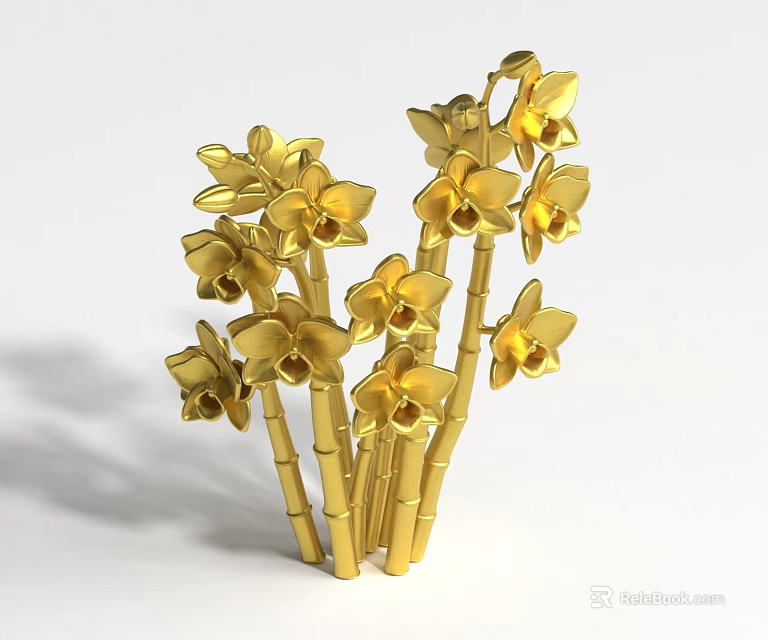 Elegant Golden Orchid Flowers With Bamboo Stems As Decorative Floral Art 3d model 