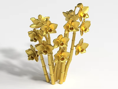 Elegant Golden Orchid Flowers With Bamboo Stems As Decorative Floral Art 3d model