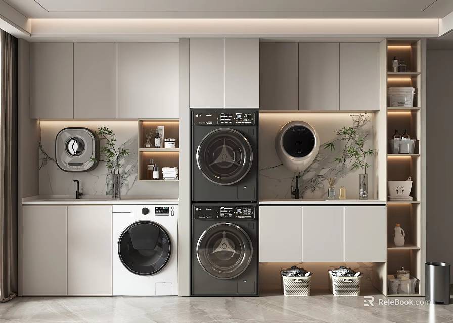 Modern Bathroom Cabinetry With Washing Machine Dryer Marble Countertop Plants And Storage Baskets 3d model 