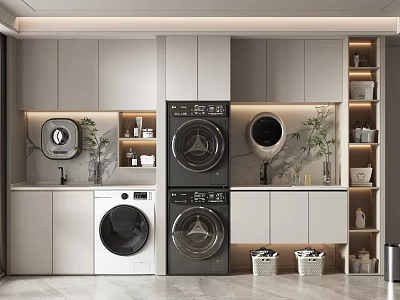 Modern Bathroom Cabinetry With Washing Machine Dryer Marble Countertop Plants And Storage Baskets 3d model