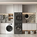 Modern Bathroom Cabinetry With Washing Machine Dryer Marble Countertop Plants And Storage Baskets