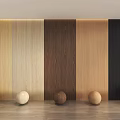 Various Wooden Wall Panels With Different Wood Tones And Decorative Balls On Display Shelf