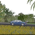 Scenic Garden Landscape With Yellow Flowers Blue Car Orange Trees And Palm Trees Along Roadside