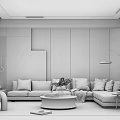 Modern Living Room Interior With L Shaped Sofa Wooden Wall Art Floor Lamp And Sculpture