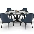 Stylish Round Dining Table Set With Navy Blue Fabric Chairs And Dinnerware 3d model