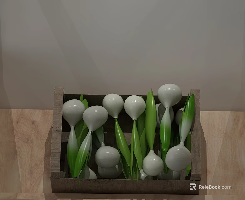 Commercial Storage Equipment Wooden Crate Holding Fresh White Bulbs And Green Leaves 3d model 