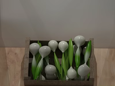 Commercial Storage Equipment Wooden Crate Holding Fresh White Bulbs And Green Leaves 3d model