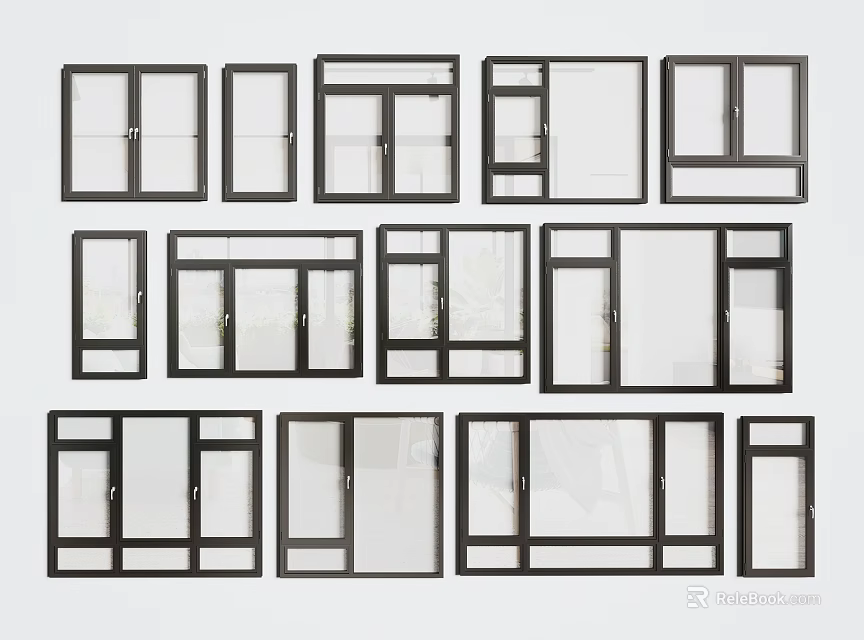 Various Window Designs With Different Frame Styles And Glass Panels For Home 3d model