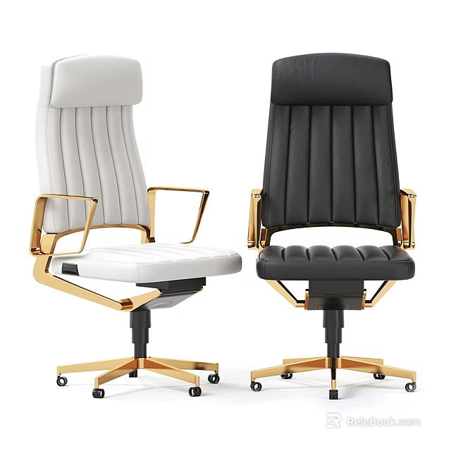 Modern Swivel Office Chair With White Black Leather Gold Frame Striped Backrest 3d model 
