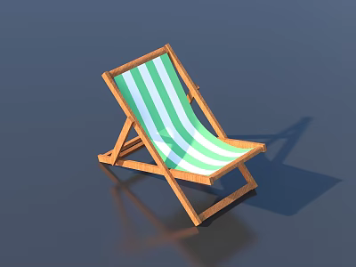 Wooden Deck Chair With Green And White Striped Cushion On Gray Surface With Shadow 3d model
