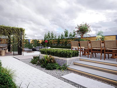 Courtyard Garden With Wooden Dining Table Chairs Green Bushes And Stone Steps 3d model