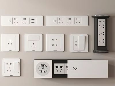 Modern White Electrical Switch Panels Featuring Various Socket Designs And USB Port Functions 3d model