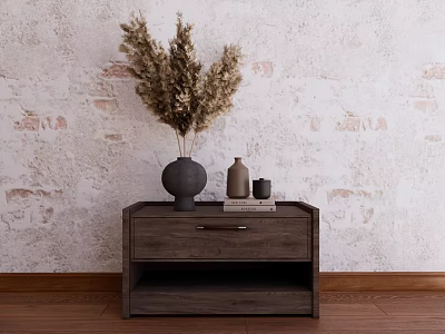 Dark Wooden Bedside Table With Textured Brick Wall Background And Dried Pampas Grass Vase 3d model