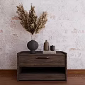 Dark Wooden Bedside Table With Textured Brick Wall Background And Dried Pampas Grass Vase