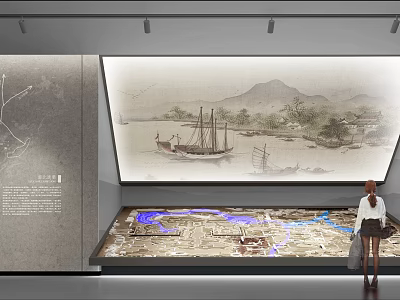 Visitor Viewing Exhibition Display With Model Blue Lighting And Background Landscape Painting Boats Mountains 3d model